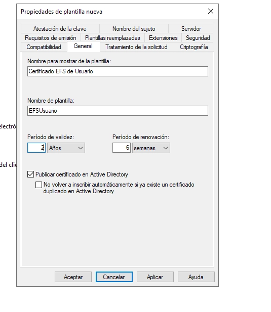 Plantilla EFSUsuario configurada en certsrv.msc con permisos para Domain Users
