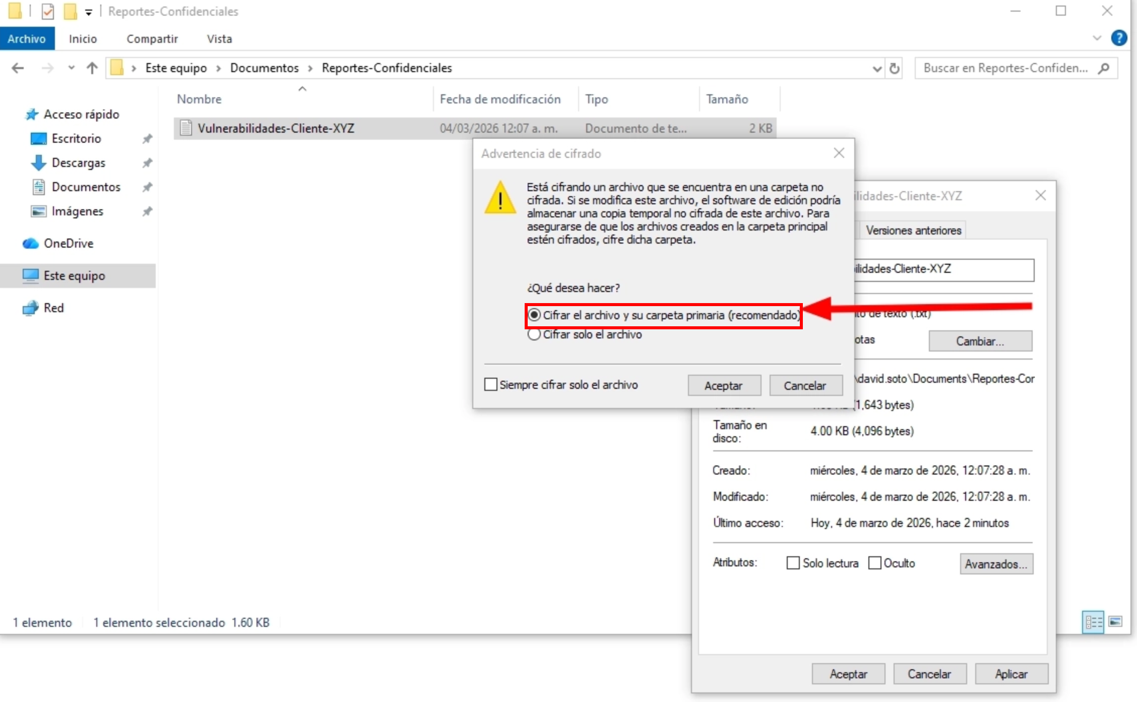 Cifrado EFS activado en las propiedades avanzadas del archivo
