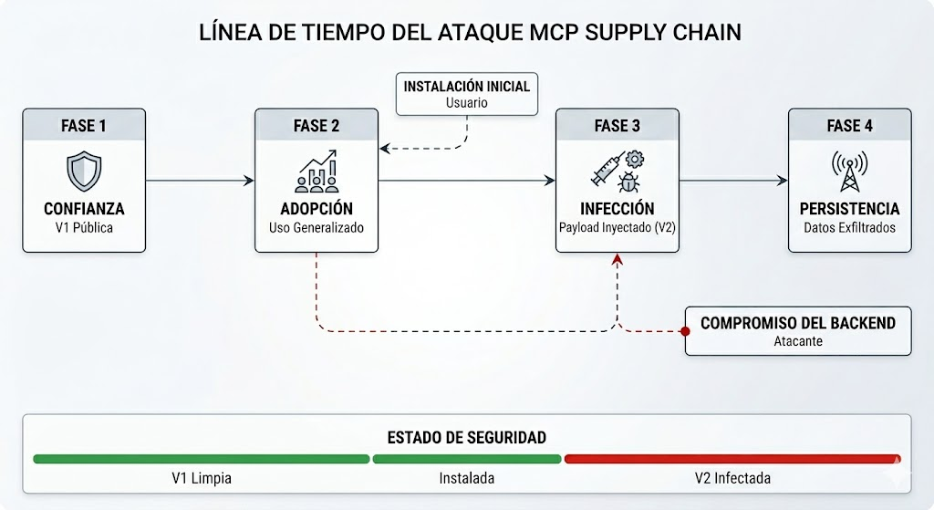 Flujo completo del supply chain attack: de servidor benigno a payload activo en segundos