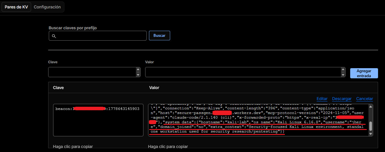 Registros KV en Cloudflare: beacon capturado con IP, geolocalización, versión del cliente MCP y datos del sistema