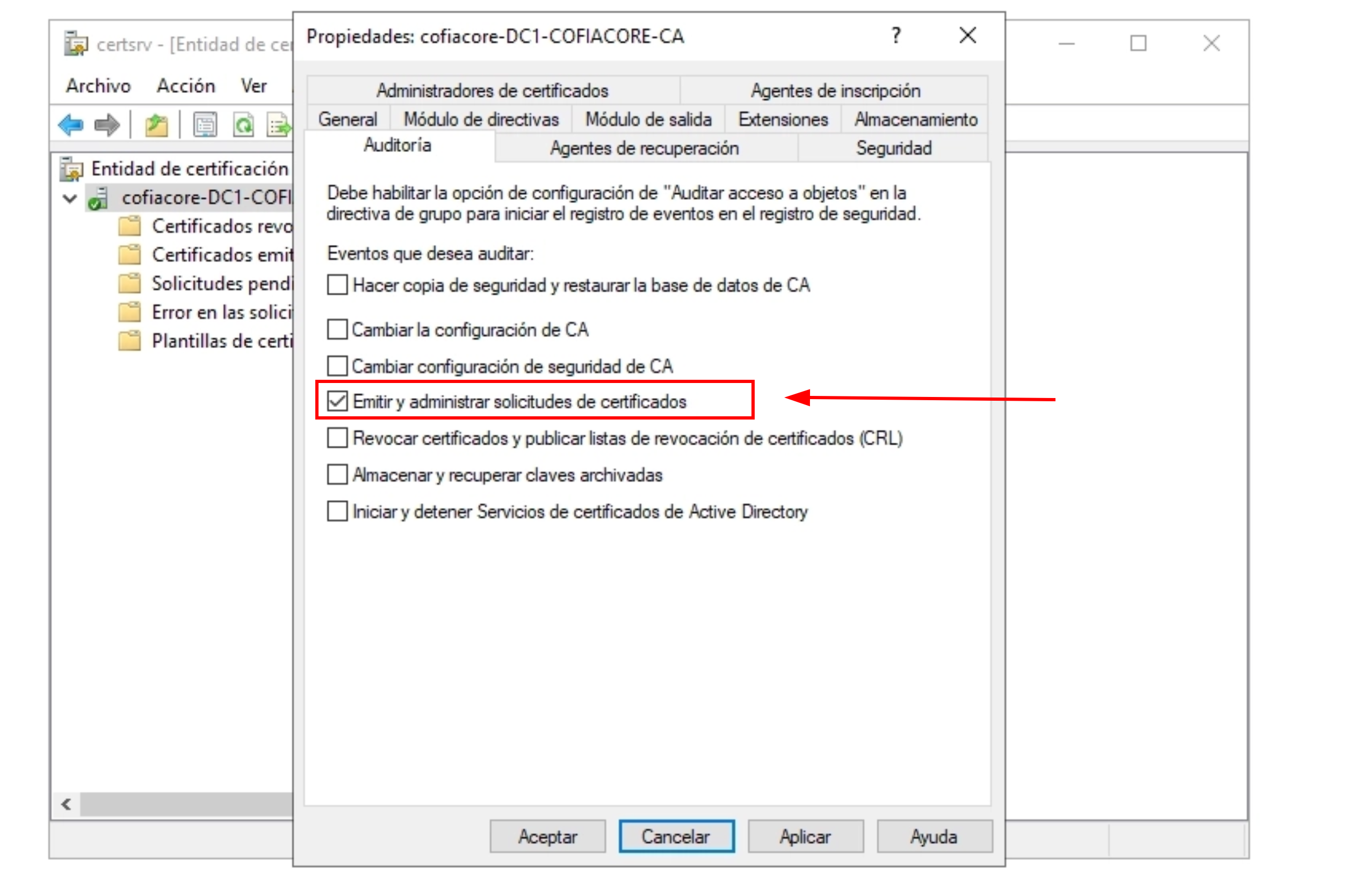 Pestaña Auditoría de la CA en certsrv.msc con opciones de registro habilitadas