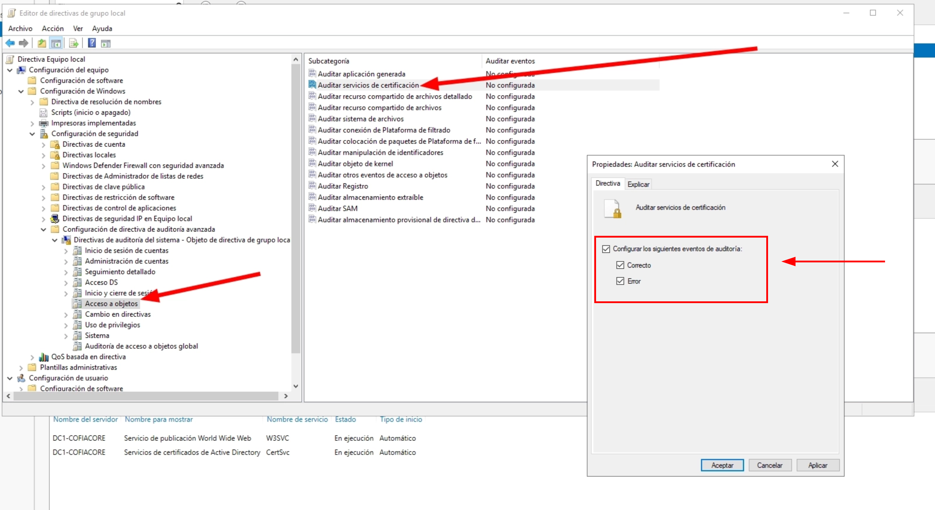 GPO de auditoría avanzada configurada para registrar eventos de servicios de certificación