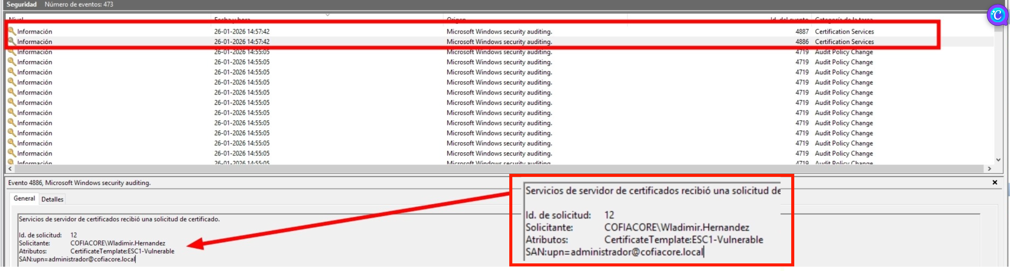 Event Viewer mostrando eventos 4886 y 4887 tras habilitar la auditoría en la CA