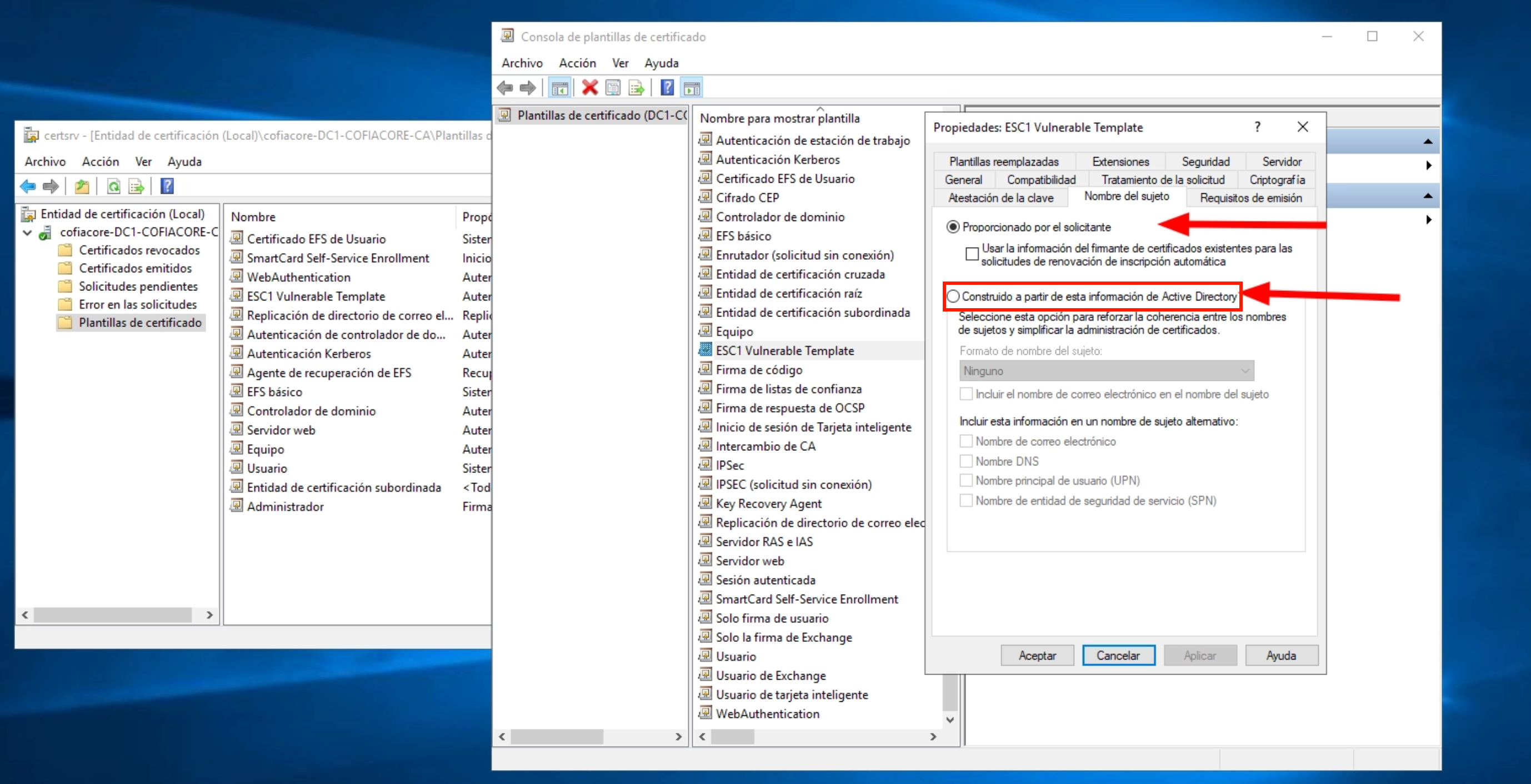 Plantilla con Subject Name cambiado de Supply in the request a Construido a partir de esta información de Active Directory
